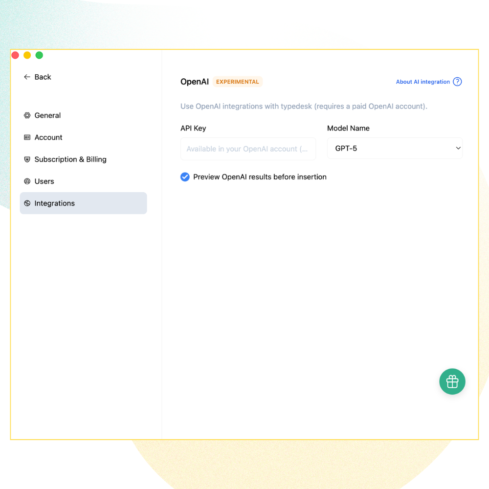 The Typedesk desktop app Settings, Integrations, OpenAI panel with fields to paste your OpenAI API key and choose a model name