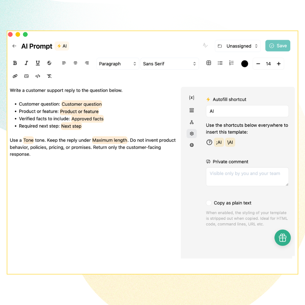 The Typedesk template editor showing a reusable AI prompt that asks OpenAI to write a customer support reply, with highlighted variables for the customer question, product, verified facts, next step, tone, and length