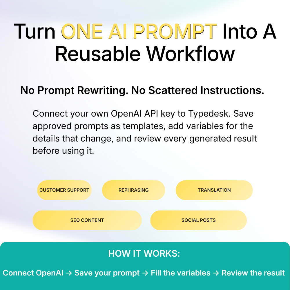 Turn one AI prompt into a reusable Typedesk workflow: connect OpenAI, save your prompt, fill the variables, review the result