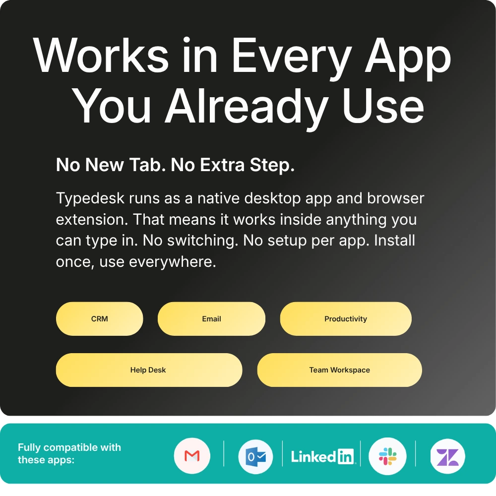 Typedesk works in every app you already use: email, CRM, support, chat, and more