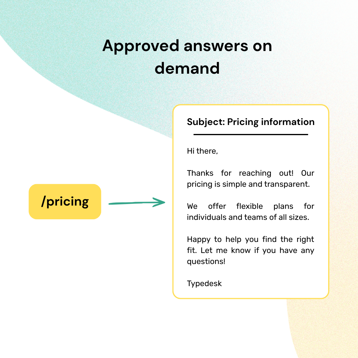 Type /pricing and Typedesk inserts an approved pricing response